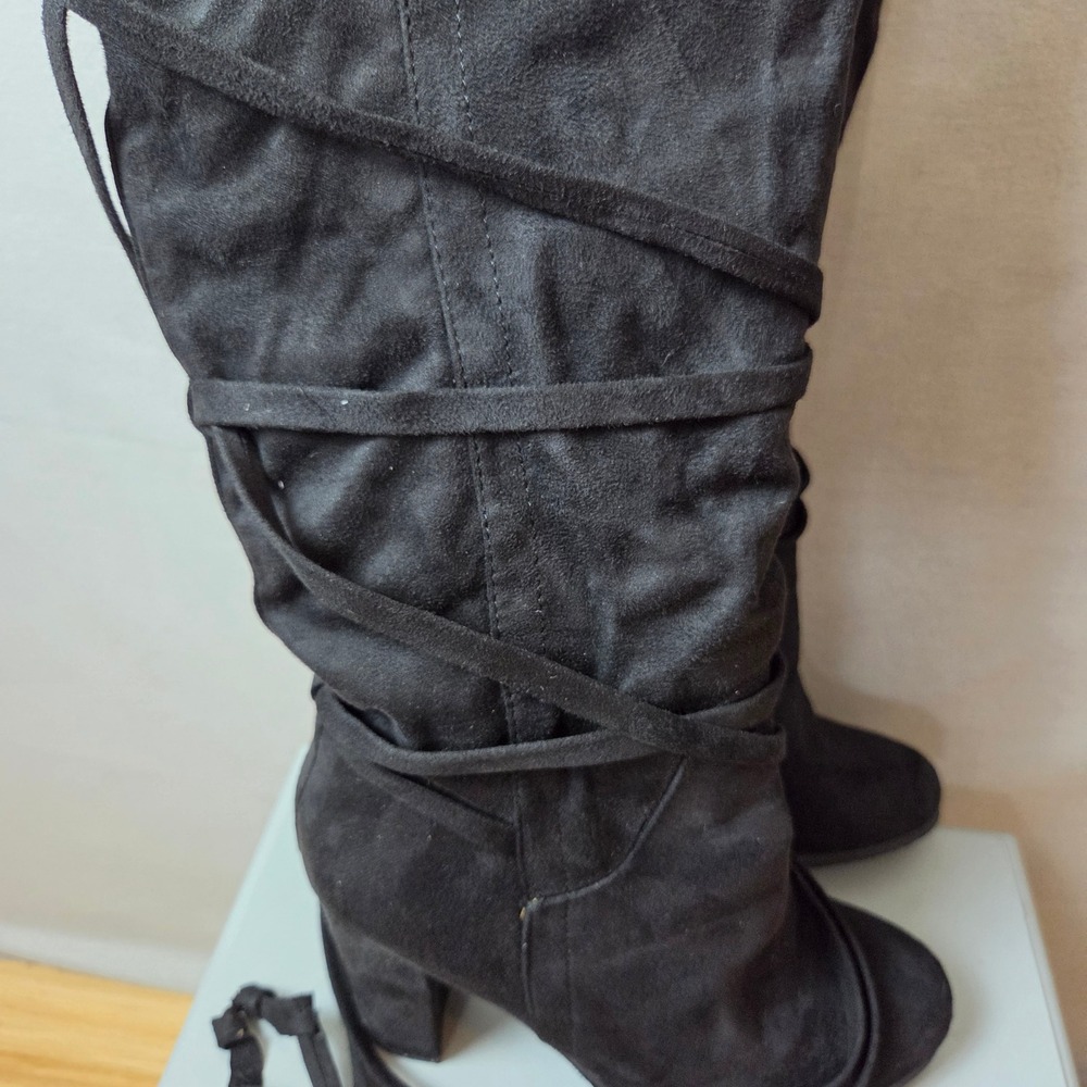 Black Faux Suede Over The Knee Strappy Wrap Lace Up Block Heel Boots Size 9 - Picture 2 of 6
